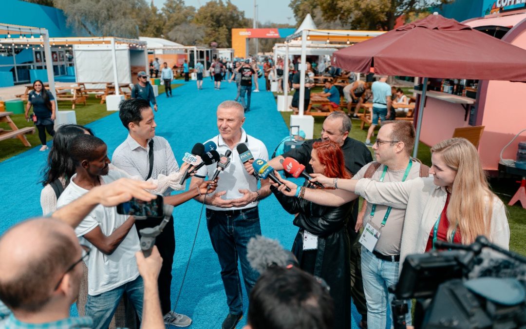 President Sergii Bubka welcomes athletes while visiting Welcome Ceremony venue and Accreditation center